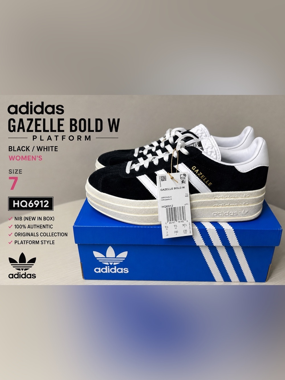 ADIDAS Gazelle Bold W Platform
Black White Women's Size 7
HQ6912 NIB